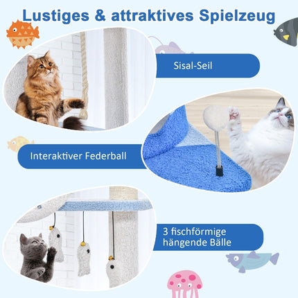 Scratching post in a marine motif, multi-story cat tower with sisal-covered posts, blue, 69 x 49 x 168 cm