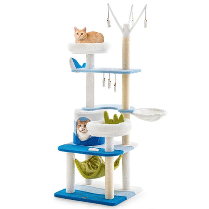 Scratching post in a sea motif with sisal posts & cat cave & seats & hammock blue