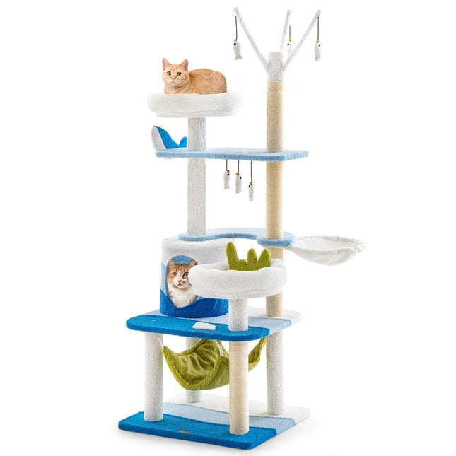 Scratching post in a sea motif with sisal posts & cat cave & seats & hammock blue