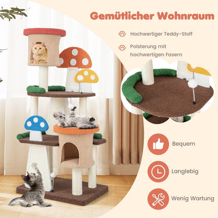 Scratching post in mushroom look cat tree with 2 cat caves & sisal scratching board & platforms & play ball 69 x 49 x 146 cm