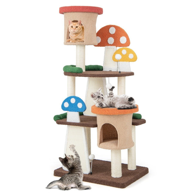 Scratching post in mushroom look cat tree with 2 cat caves & sisal scratching board & platforms & play ball 69 x 49 x 146 cm