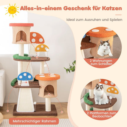 Scratching post in mushroom look cat tree with 2 cat caves & sisal scratching board & platforms & play ball 69 x 49 x 146 cm