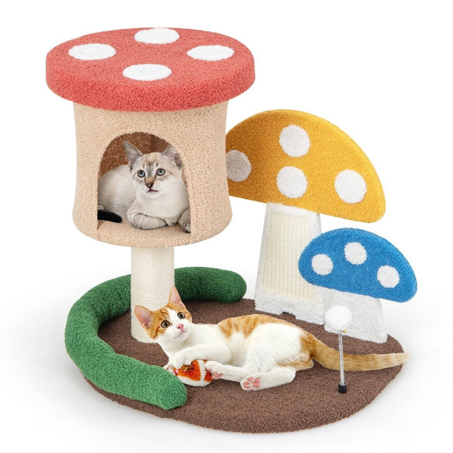 Scratching post in mushroom look cat tree with cat cave & sisal scratching board & large base & play ball 60 x 49 x 59 cm