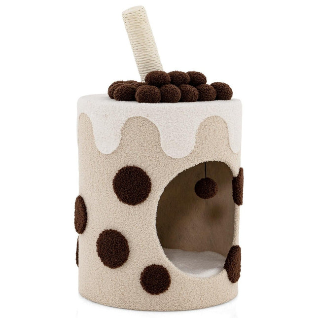 Scratching post, scratching barrel in milk tea shape with sisal posts & dangling ball toy, beige