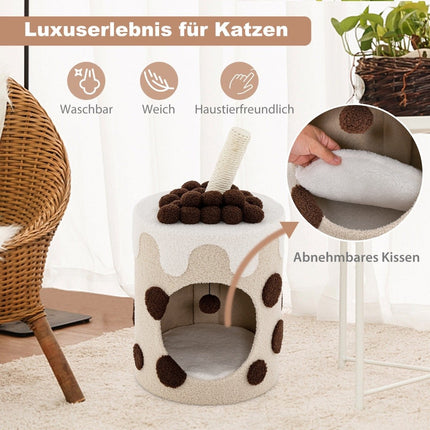 Scratching post, scratching barrel in milk tea shape with sisal posts & dangling ball toy, beige
