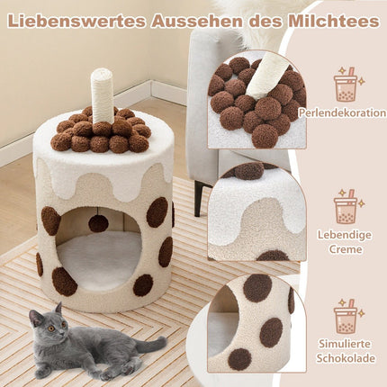 Scratching post, scratching barrel in milk tea shape with sisal posts & dangling ball toy, beige
