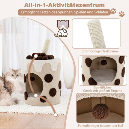 Scratching post, scratching barrel in milk tea shape with sisal posts & dangling ball toy, beige