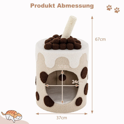 Scratching post, scratching barrel in milk tea shape with sisal posts & dangling ball toy, beige