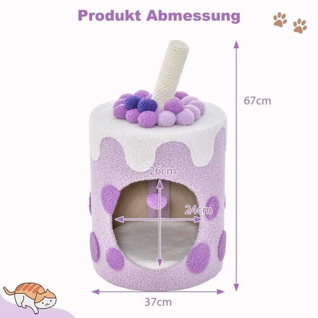 Scratching post, scratching barrel in milk tea shape with sisal posts & dangling ball toy purple