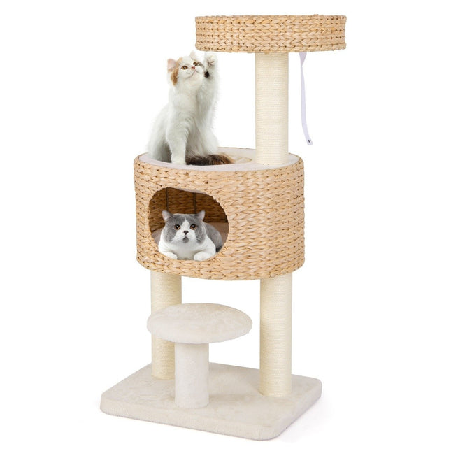 Scratching post with cat cave 104 cm high cat tree with perch & platform beige + natural