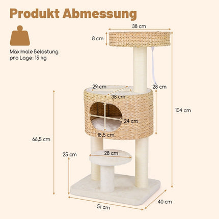 Scratching post with cat cave 104 cm high cat tree with perch & platform beige + natural