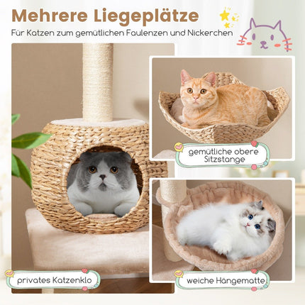 Scratching post with cat cave 150 cm high cat tree with hammock up to 10 kg beige + natural