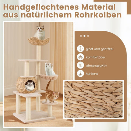 Scratching post with cat cave 150 cm high cat tree with hammock up to 10 kg beige + natural