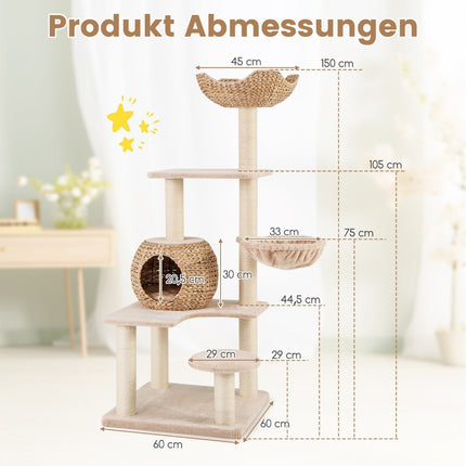 Scratching post with cat cave 150 cm high cat tree with hammock up to 10 kg beige + natural