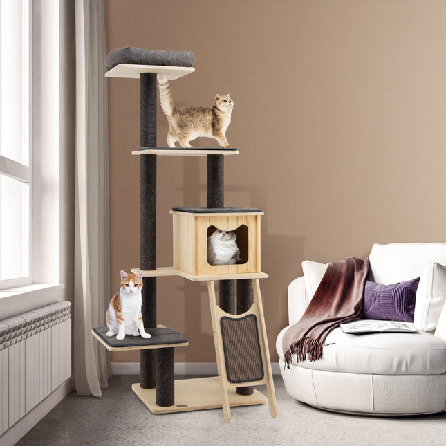 Scratching post with sisal posts & scratching board modern 6-tier with spacious cave & perch gray
