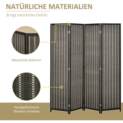 4-delig 180 x 180 cm ruimteverdeler van bamboe opvouwbaar privacyscherm scheidingswand voor woonkamer bruin Aosoom