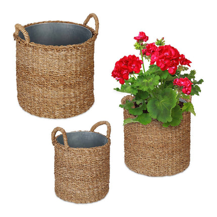Seagrass Planting Baskets with Zinc Trays, Set of 3