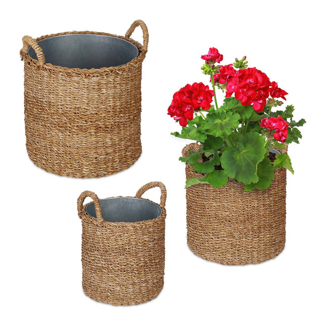 Seagrass Planting Baskets with Zinc Trays, Set of 3