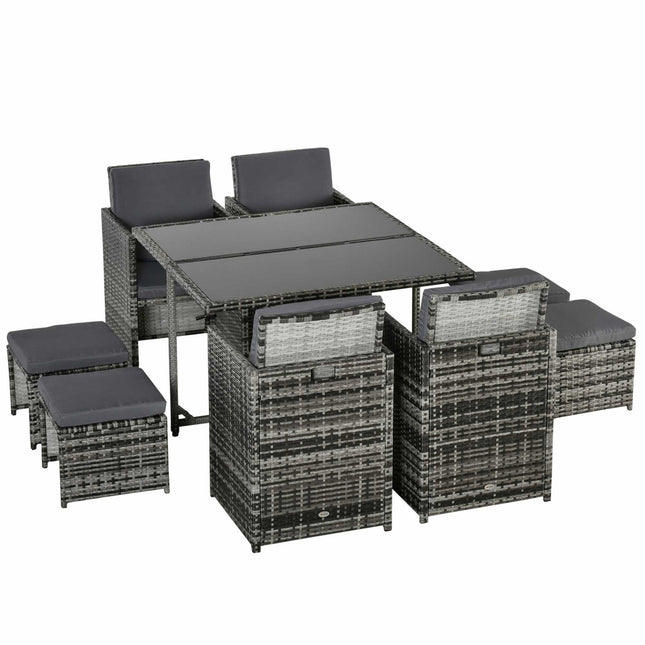 Poly rattan garden set for 8 people with gray cushions