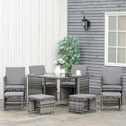 Poly rattan garden set for 8 people with gray cushions