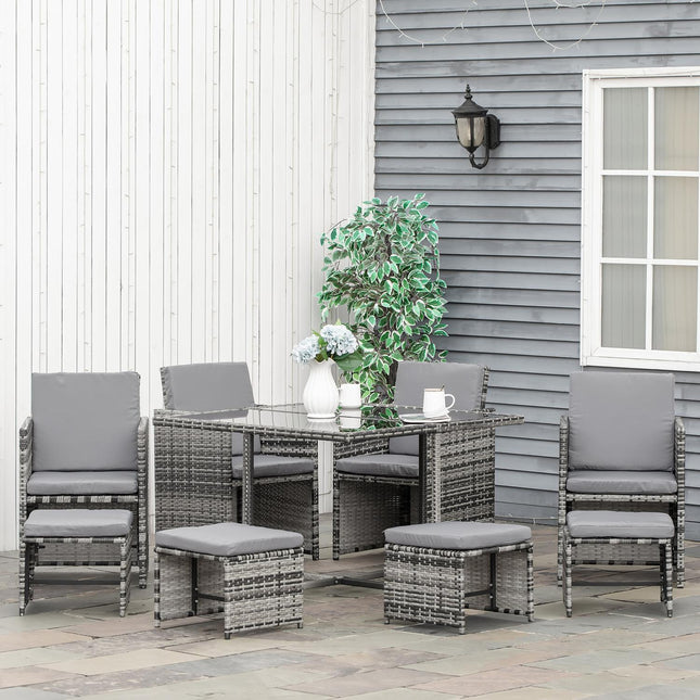 Poly rattan garden set for 8 people with gray cushions
