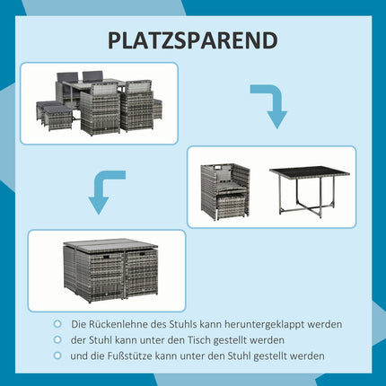 Poly rattan garden set for 8 people with gray cushions