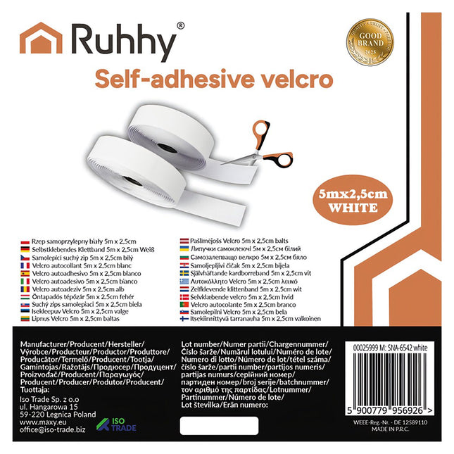 Self-Adhesive Velcro Strip, White, 5m x 2.5cm
