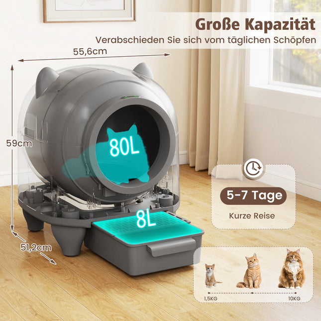 Self-Cleaning Cat Litter Box, 80L, App-Controlled, Odor Control