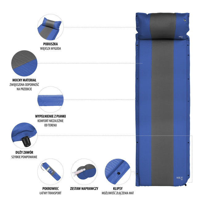 Self-Inflating Camping Mat with Pillow, Blue-Gray
