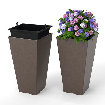 Self-Watering Planters with Drainage, Set of 2, Brown