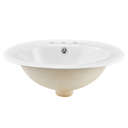 Semi-Recessed Bathroom Sink, Oval White Ceramic, 3 Holes, Overflow