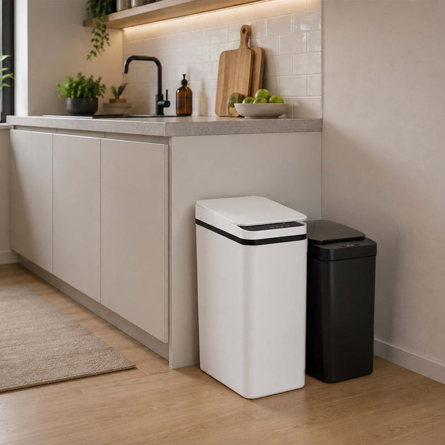 Keukenafvalbakken met sensor, set van 9L en 15L, zwart-wit