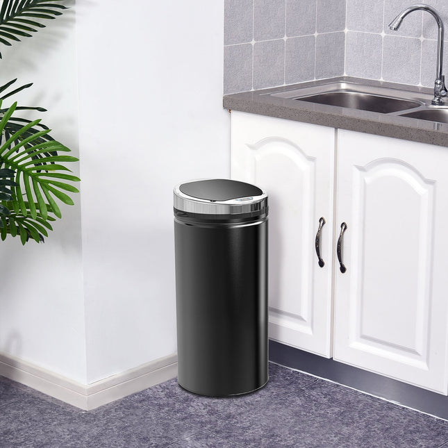 Sensorprullenbak 42L, elektrische automatische prullenbak met deksel, roestvrij, voor badkamer, kantoor, keuken, eetkamer, staal, zwart