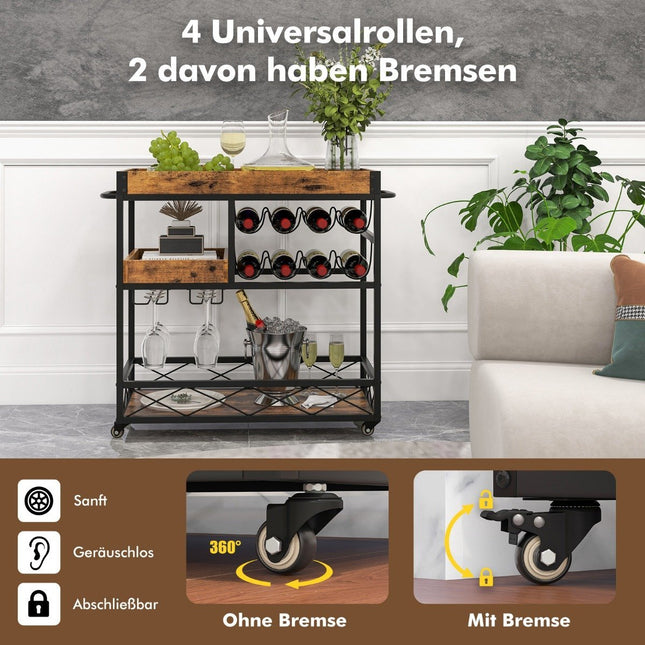 Serving Trolley 3 Tier Rolling Bar Trolley with Removable Tray 80 x 40 x 83 cm Rustic Brown