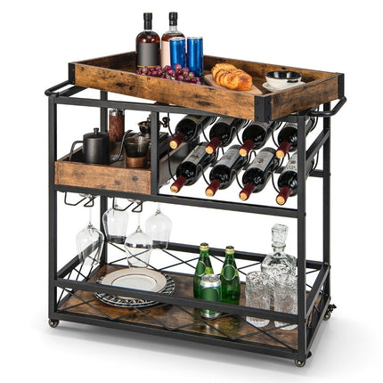 Serving Trolley 3 Tier Rolling Bar Trolley with Removable Tray 80 x 40 x 83 cm Rustic Brown