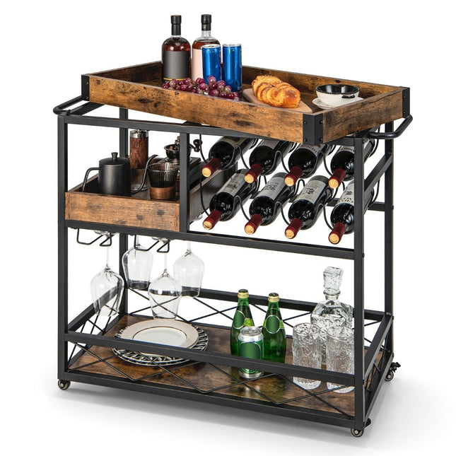 Serving Trolley 3 Tier Rolling Bar Trolley with Removable Tray 80 x 40 x 83 cm Rustic Brown