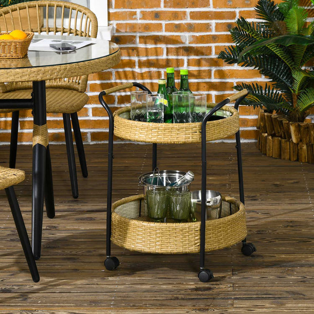 Outdoor rattan cart with shelves and steel frame