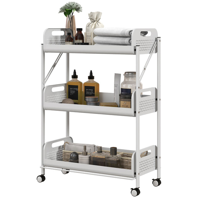 Folding 3-level serving trolley in steel with net baskets