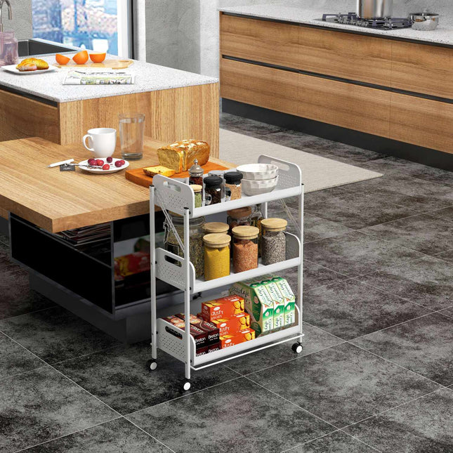 Folding 3-level serving trolley in steel with net baskets