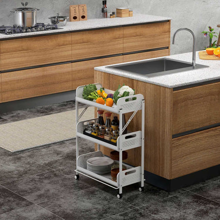 Folding 3-level serving trolley in steel with net baskets