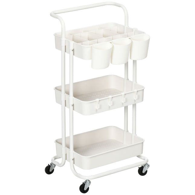 3-level kitchen trolley in steel with baskets and hooks, white