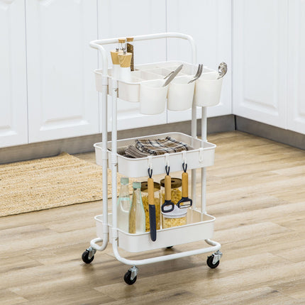 3-level kitchen trolley in steel with baskets and hooks, white