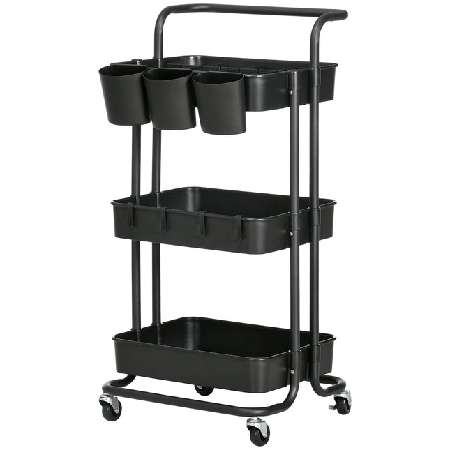 3-level serving trolley in steel with baskets and hooks