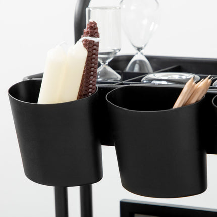 3-level serving trolley in steel with baskets and hooks