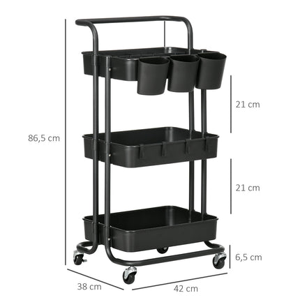 3-level serving trolley in steel with baskets and hooks