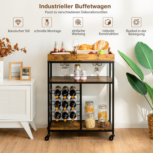 Serving Trolley with Wheels & Wine Rack & Wine Glass Holder Kitchen Trolley Rustic Brown