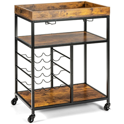 Serving Trolley with Wheels & Wine Rack & Wine Glass Holder Kitchen Trolley Rustic Brown