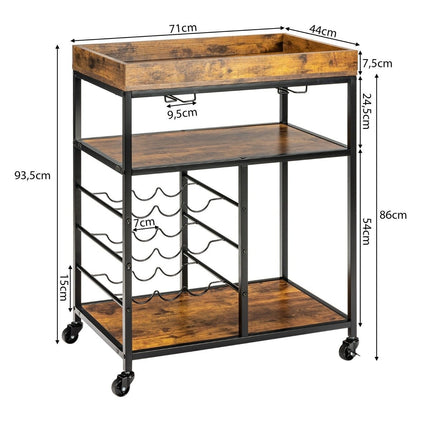 Serving Trolley with Wheels & Wine Rack & Wine Glass Holder Kitchen Trolley Rustic Brown