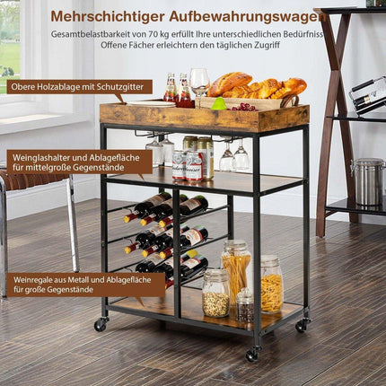 Serving Trolley with Wheels & Wine Rack & Wine Glass Holder Kitchen Trolley Rustic Brown
