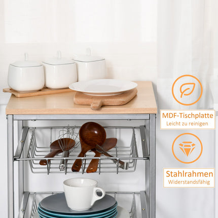 Kitchen trolley with metal baskets, silver, 36.5 x 89 cm